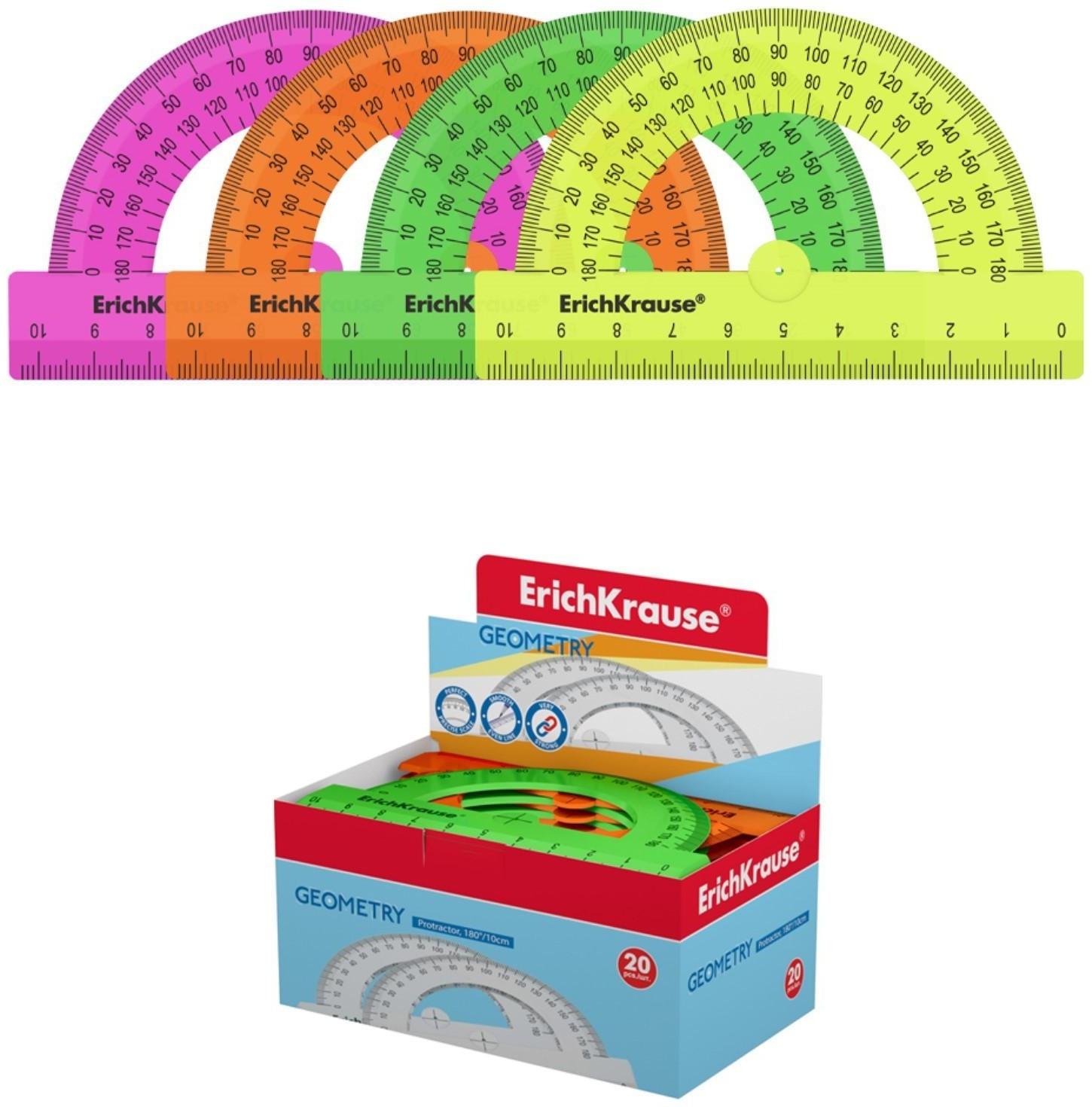 Транспортир 180°/10см ErichKrause Neon Solid, пластик, микс из 4 цветов, в коробке-дисплее