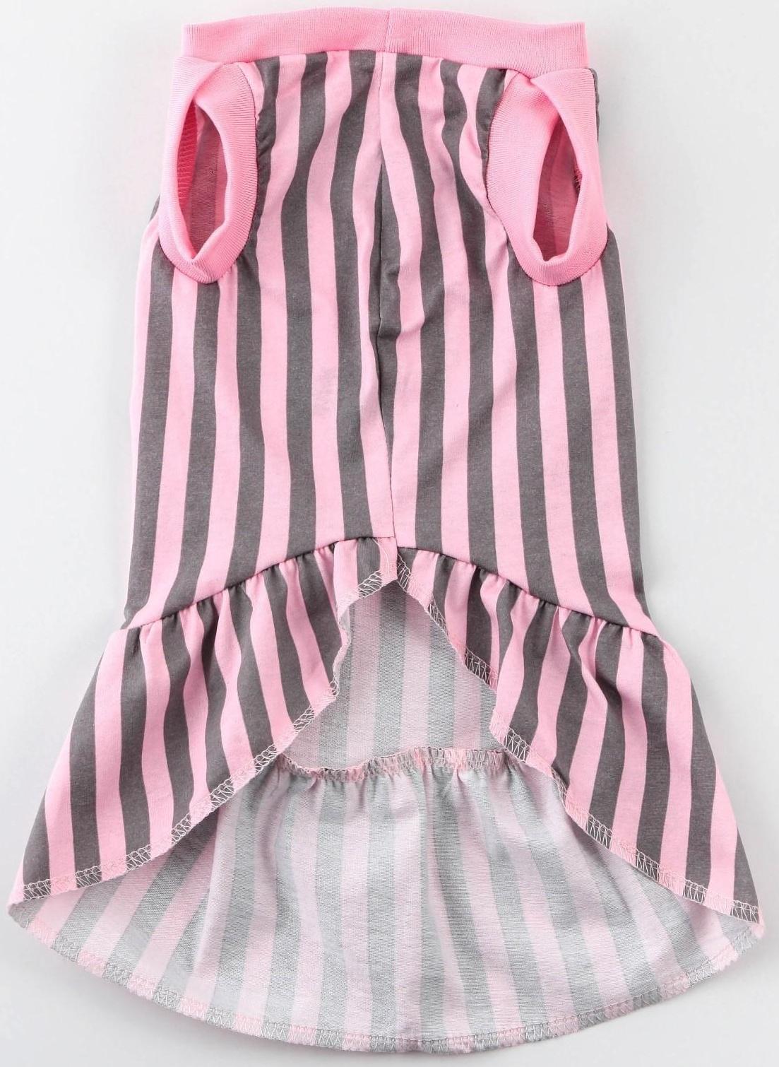Платье для собак кулирка, XS (ДС 24, ОШ 32-36, ОГ 34-38), Розовое с серыми полосками