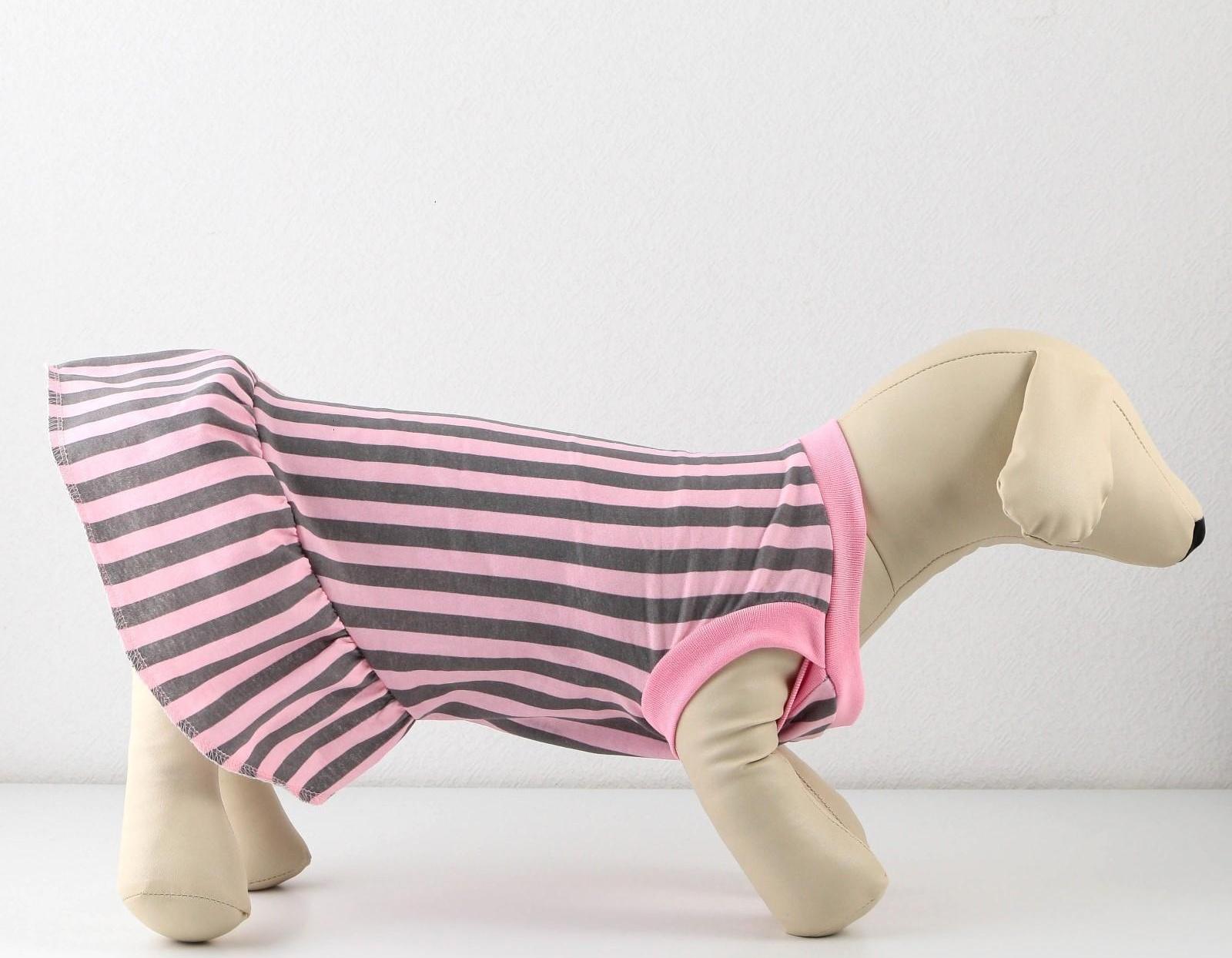 Платье для собак кулирка, XS (ДС 24, ОШ 32-36, ОГ 34-38), Розовое с серыми полосками