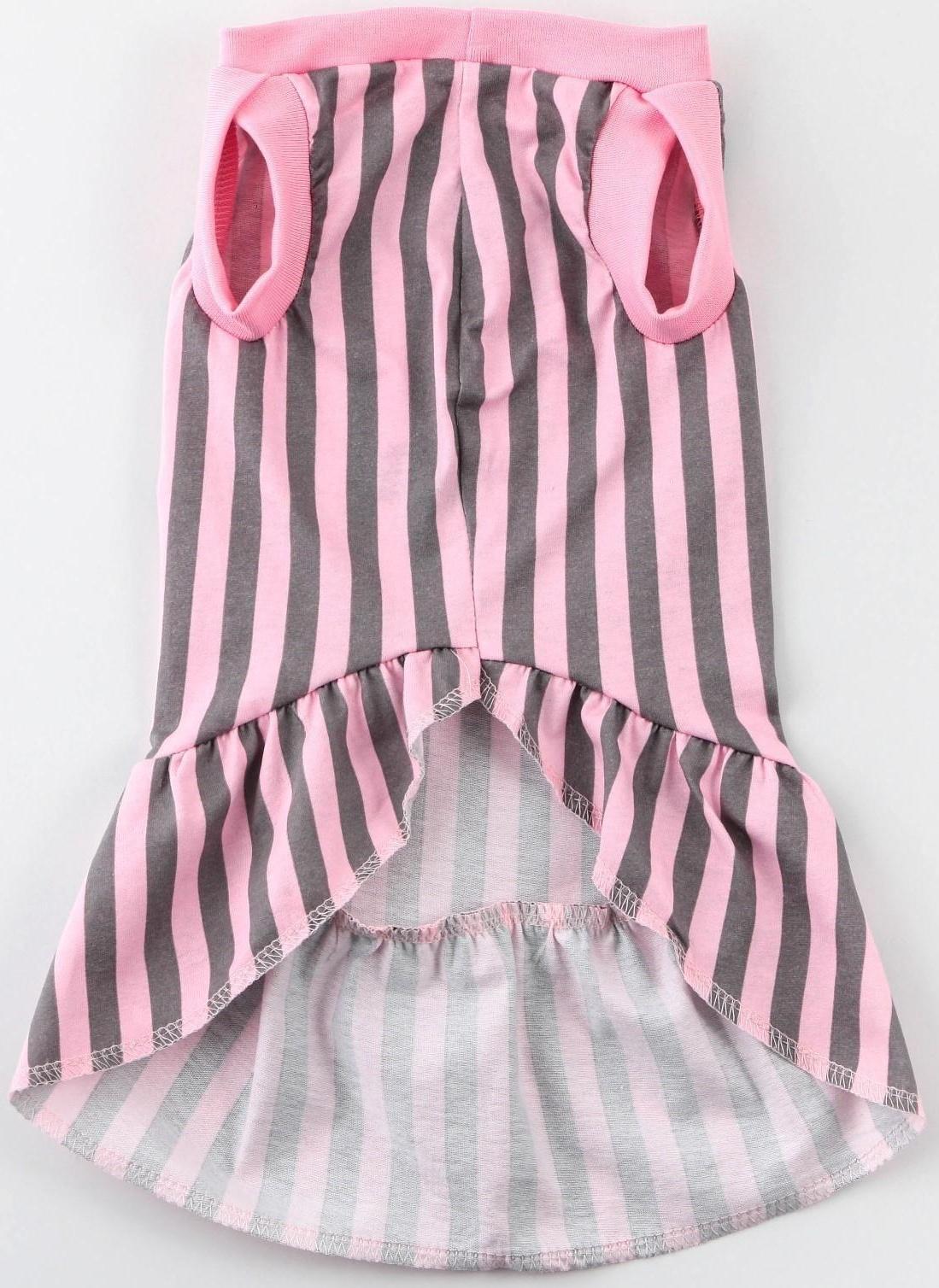 Платье для собак кулирка, S (ДС 27, ОШ 32-36, ОГ 38-42), Розовое с серыми полосками
