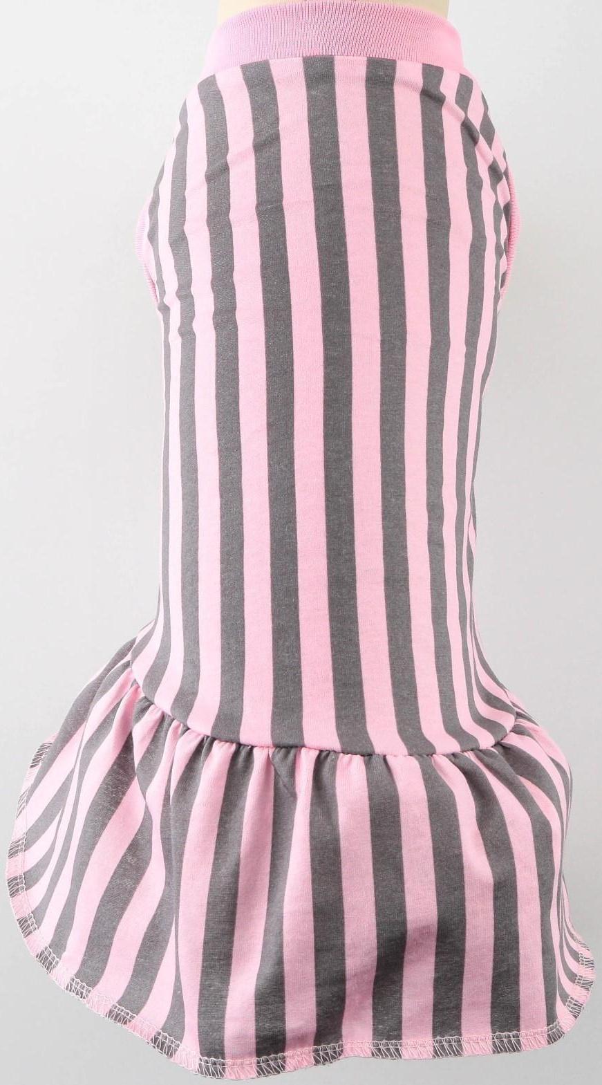 Платье для собак кулирка, S (ДС 27, ОШ 32-36, ОГ 38-42), Розовое с серыми полосками