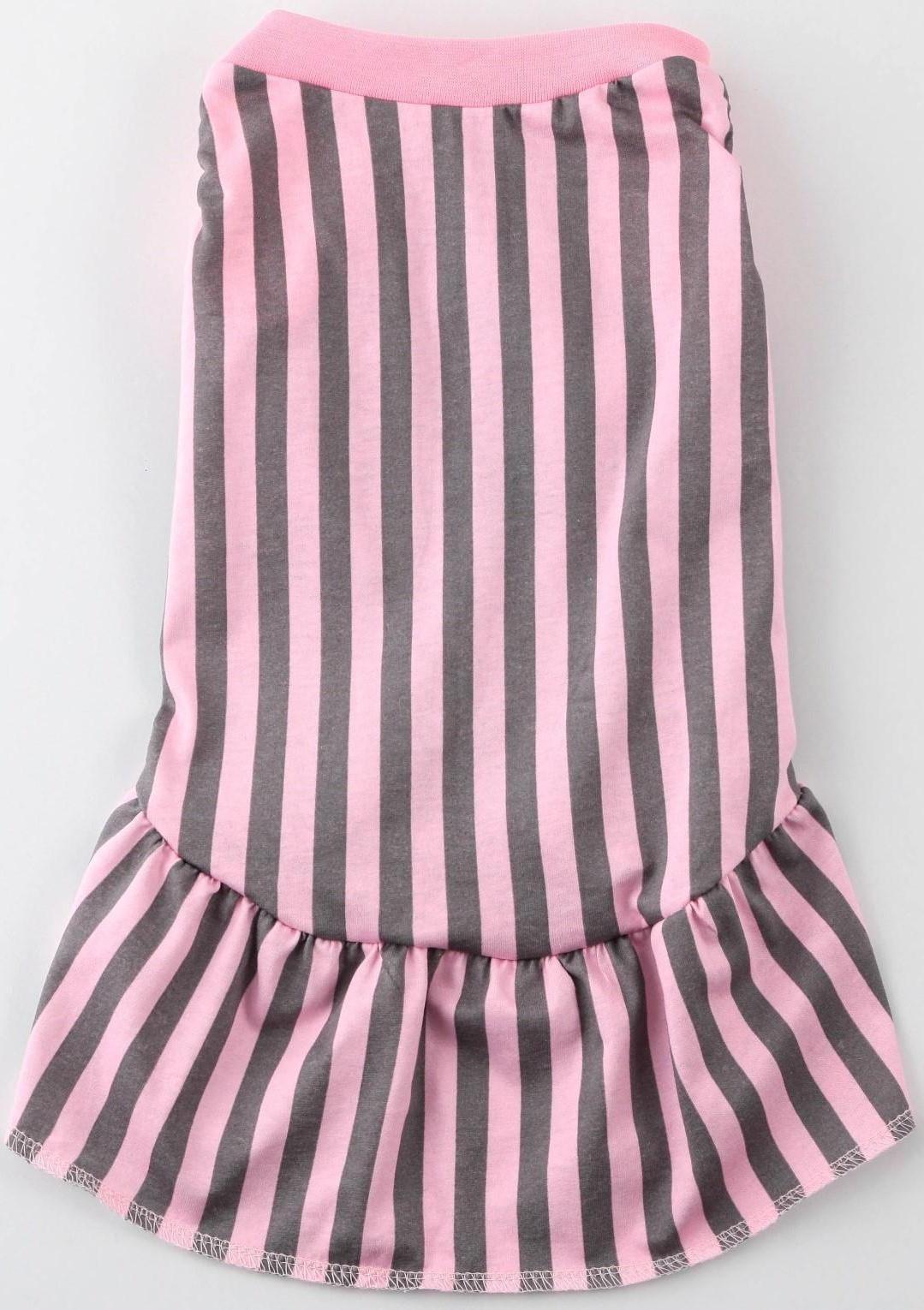 Платье для собак кулирка, S (ДС 27, ОШ 32-36, ОГ 38-42), Розовое с серыми полосками