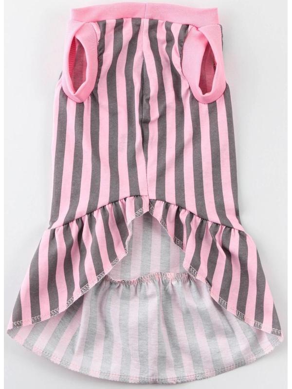 Платье для собак кулирка, S (ДС 27, ОШ 32-36, ОГ 38-42), Розовое с серыми полосками