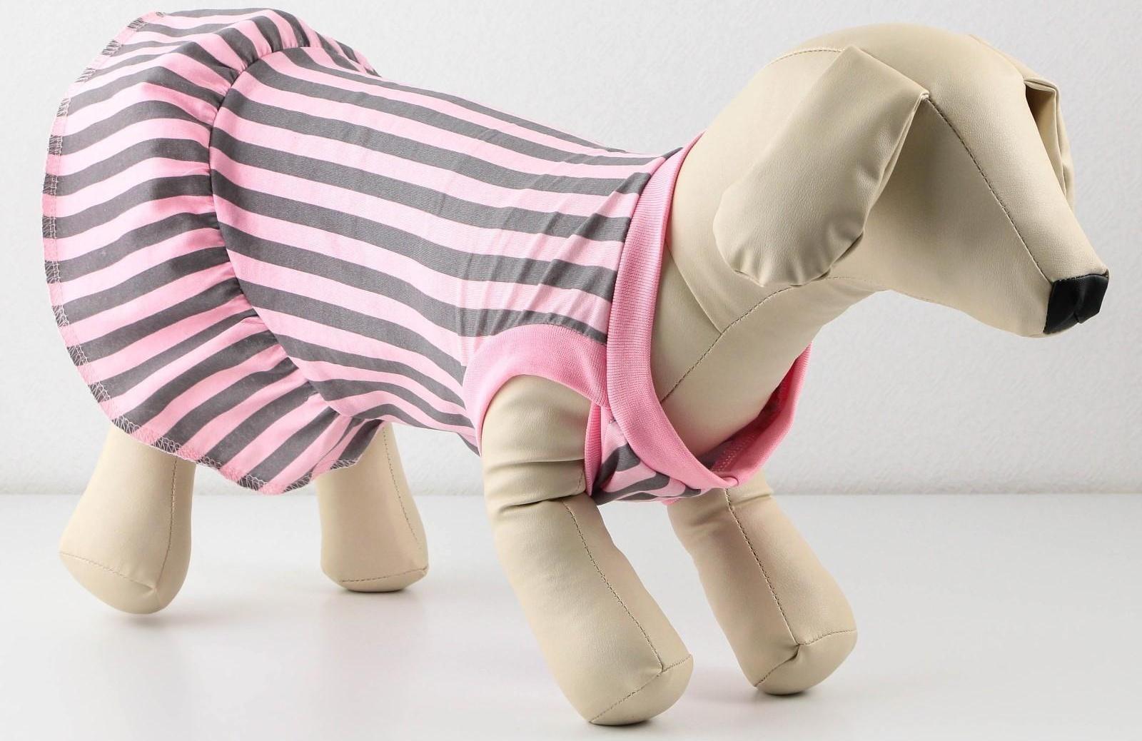 Платье для собак кулирка, L (ДС 32, ОШ 38-42, ОГ 44-48), Розовое с серыми полосками