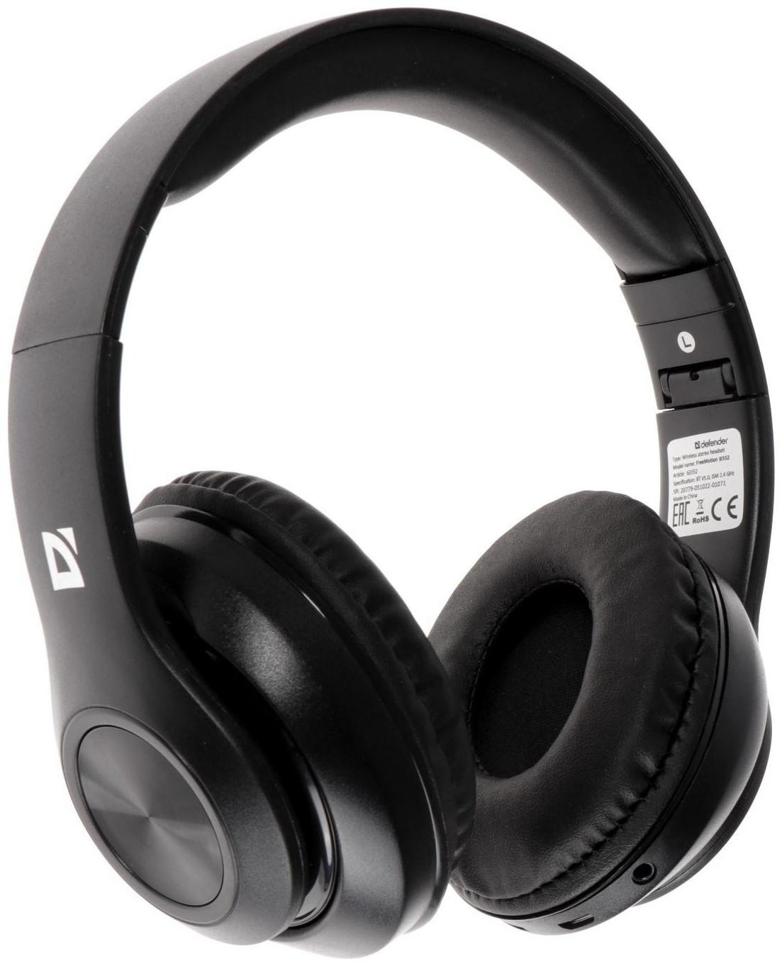 Наушники Defender FreeMotion B552, накладные, микрофон, управление, microSD, 200 мАч, черные