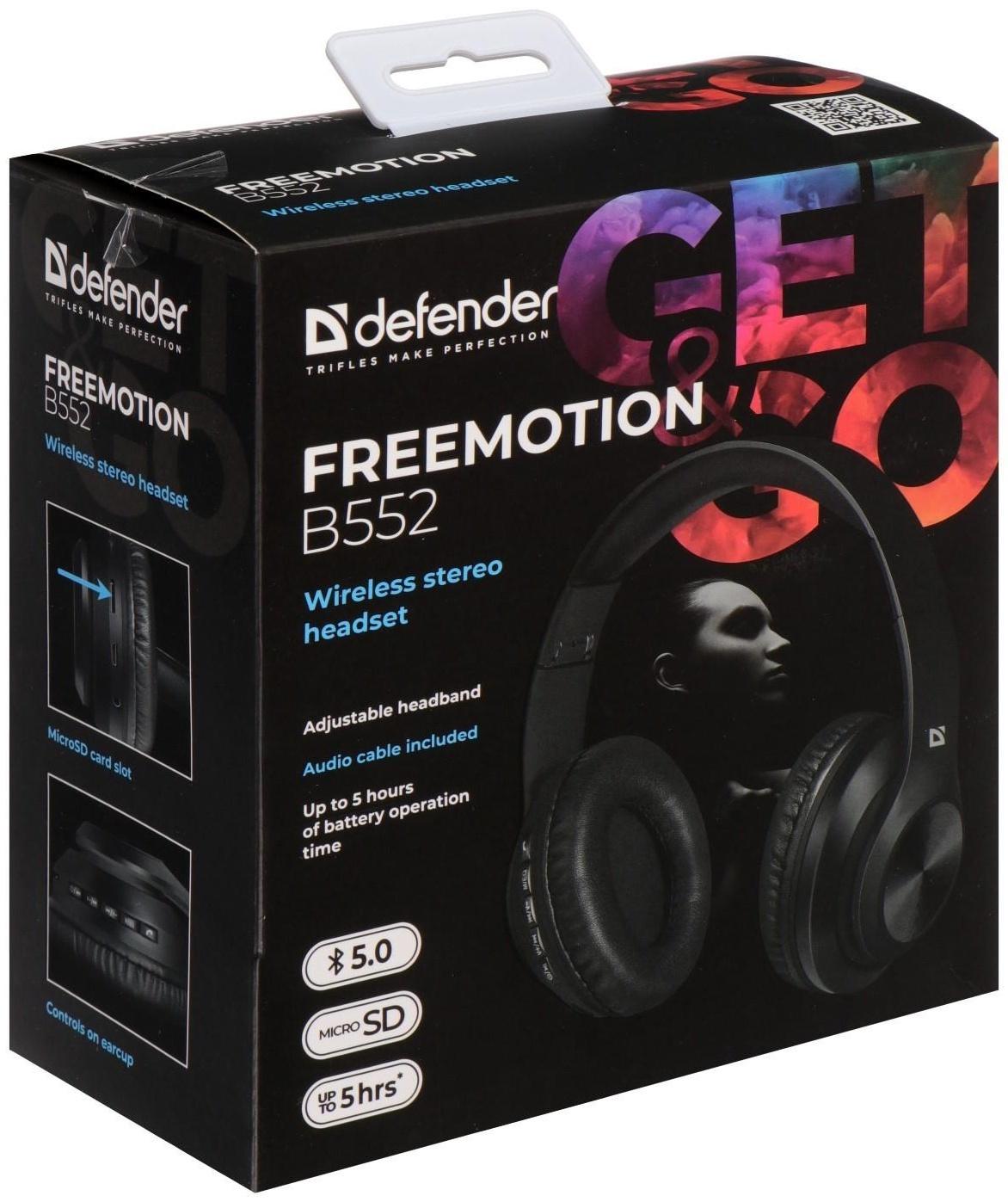 Наушники Defender FreeMotion B552, накладные, микрофон, управление, microSD, 200 мАч, черные