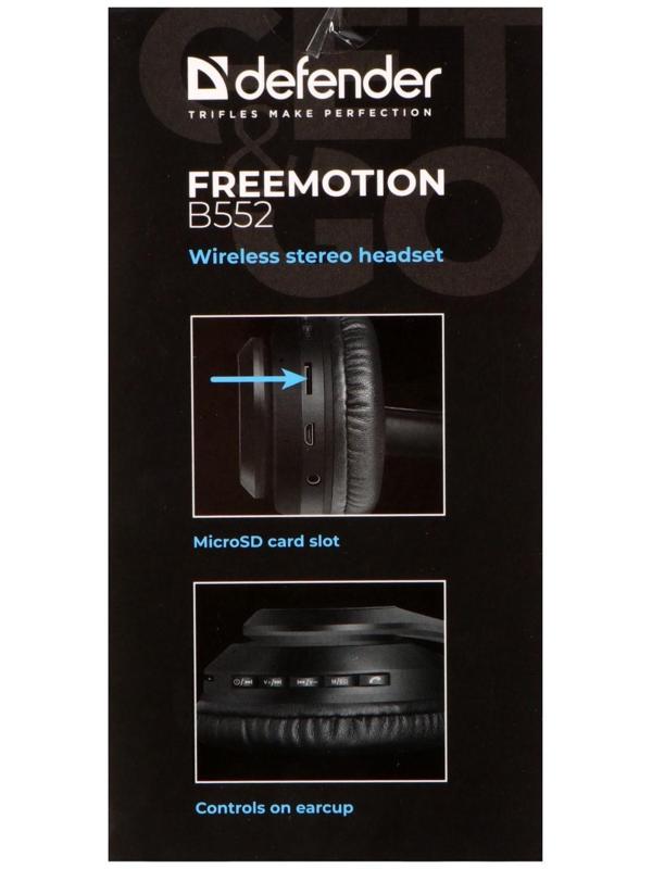 Наушники Defender FreeMotion B552, накладные, микрофон, управление, microSD, 200 мАч, черные