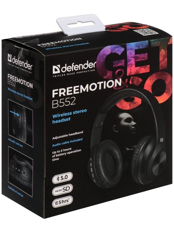 Наушники Defender FreeMotion B552, накладные, микрофон, управление, microSD, 200 мАч, черные
