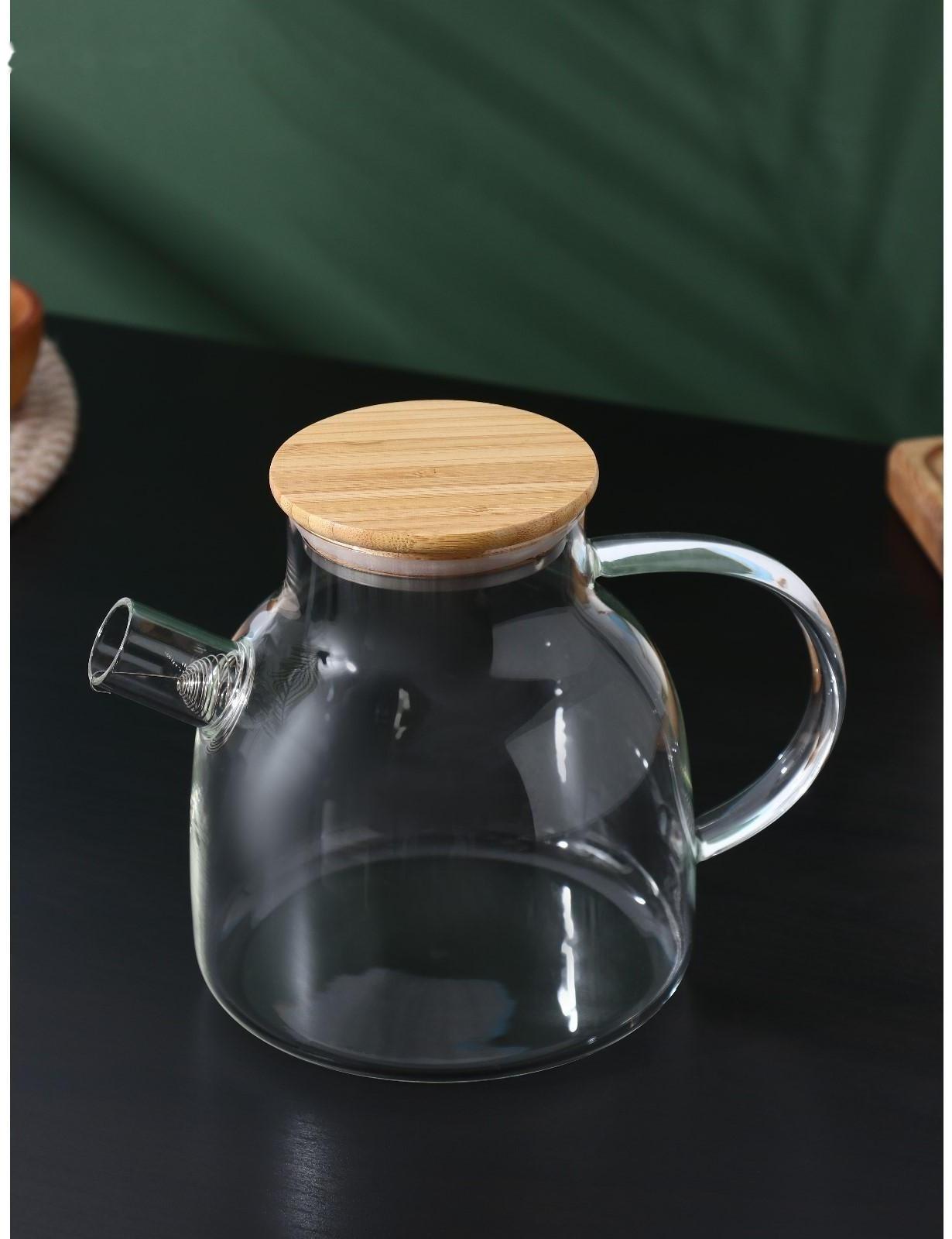 Чайник стеклянный заварочный с бамбуковой крышкой и металлическим фильтром BellaTenero «Эко», 1,2 л