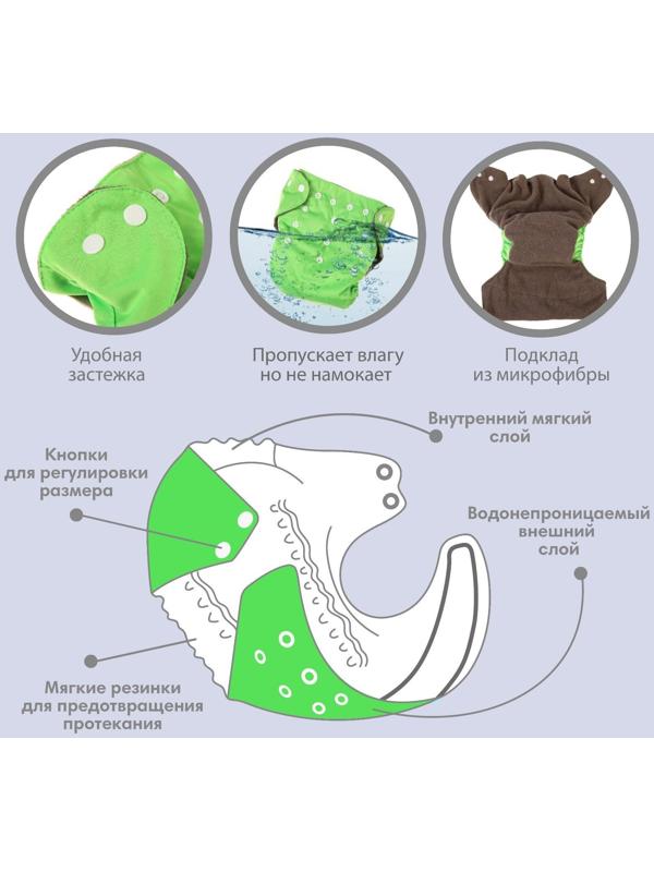 Трусики-подгузник, многоразовый, угольно-бамбуковая ткань, цвет зеленый, от 0-36 мес.