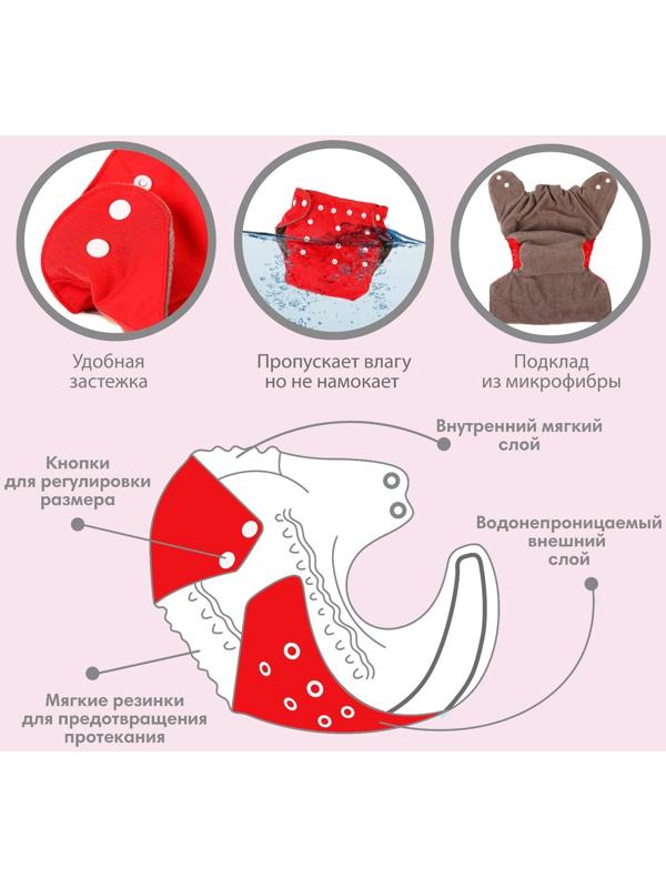 Трусики-подгузник, многоразовый, угольно-бамбуковая ткань, цвет красный, от 0-36 мес.