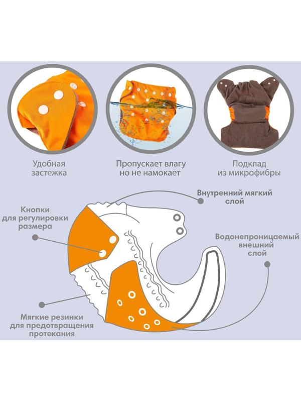 Трусики-подгузник, многоразовый, угольно-бамбуковая ткань, цвет оранжевый, от 0-36 мес.