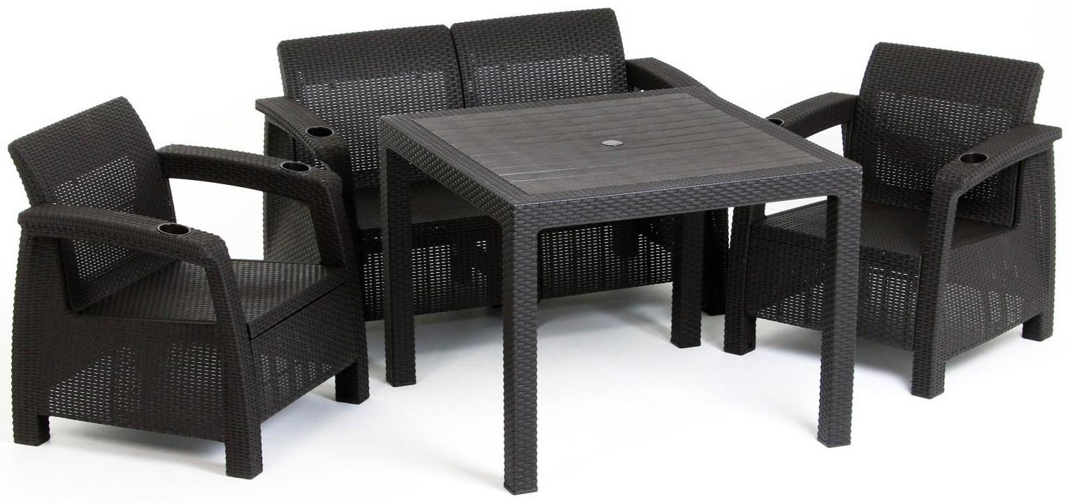 Набор садовой мебели: диван, два кресла, стол квадратный, коричневого цвета