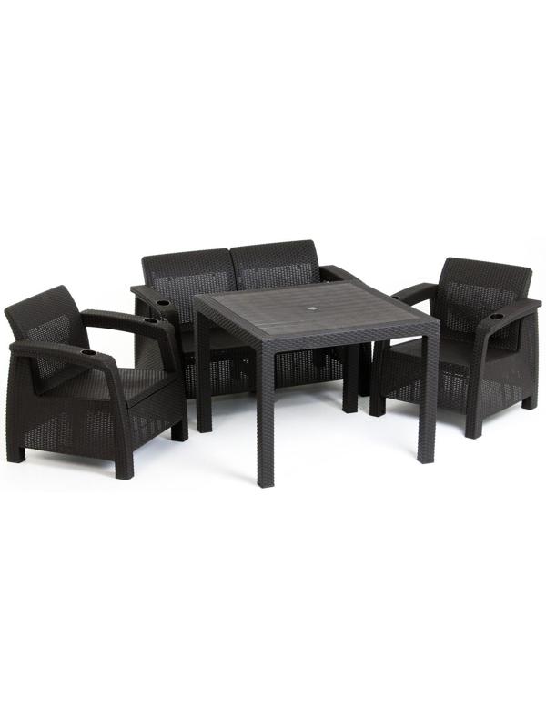 Набор садовой мебели: диван, два кресла, стол квадратный, коричневого цвета