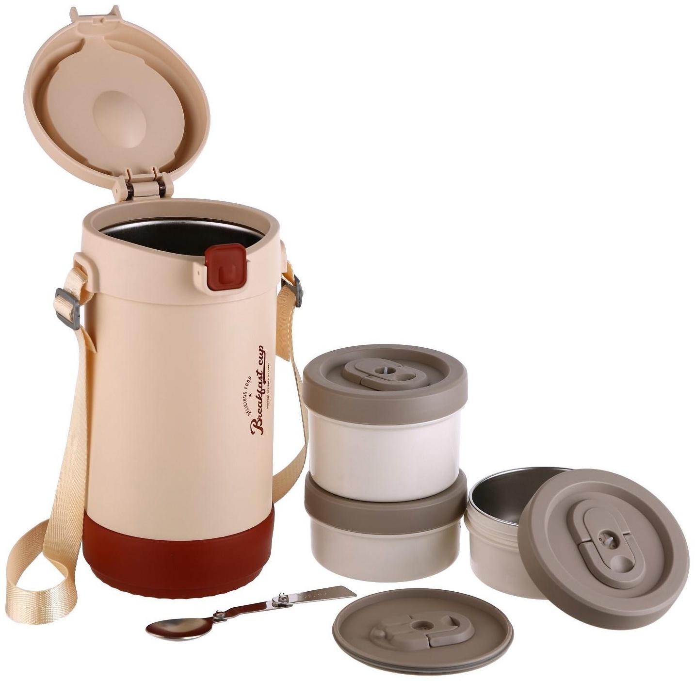 Термос для еды, 1.2 л, 3 контейнера, складная ложка, сохраняет тепло до 24 ч, 27 х 15 см