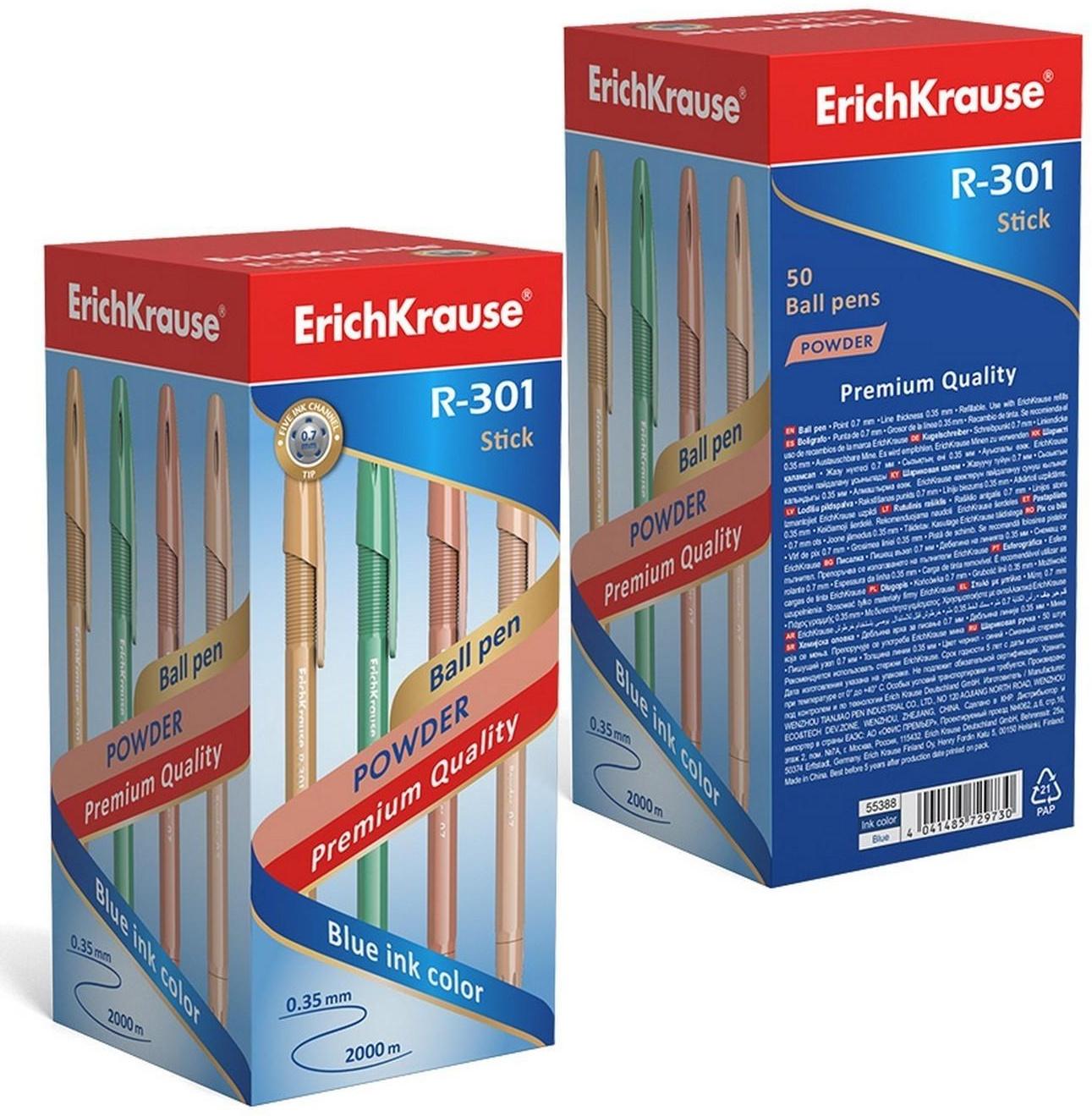 Ручка шариковая ErichKrause R-301 Powder Stick, узел 0.7 мм, цвет чернил синий, корпус пастель МИКС