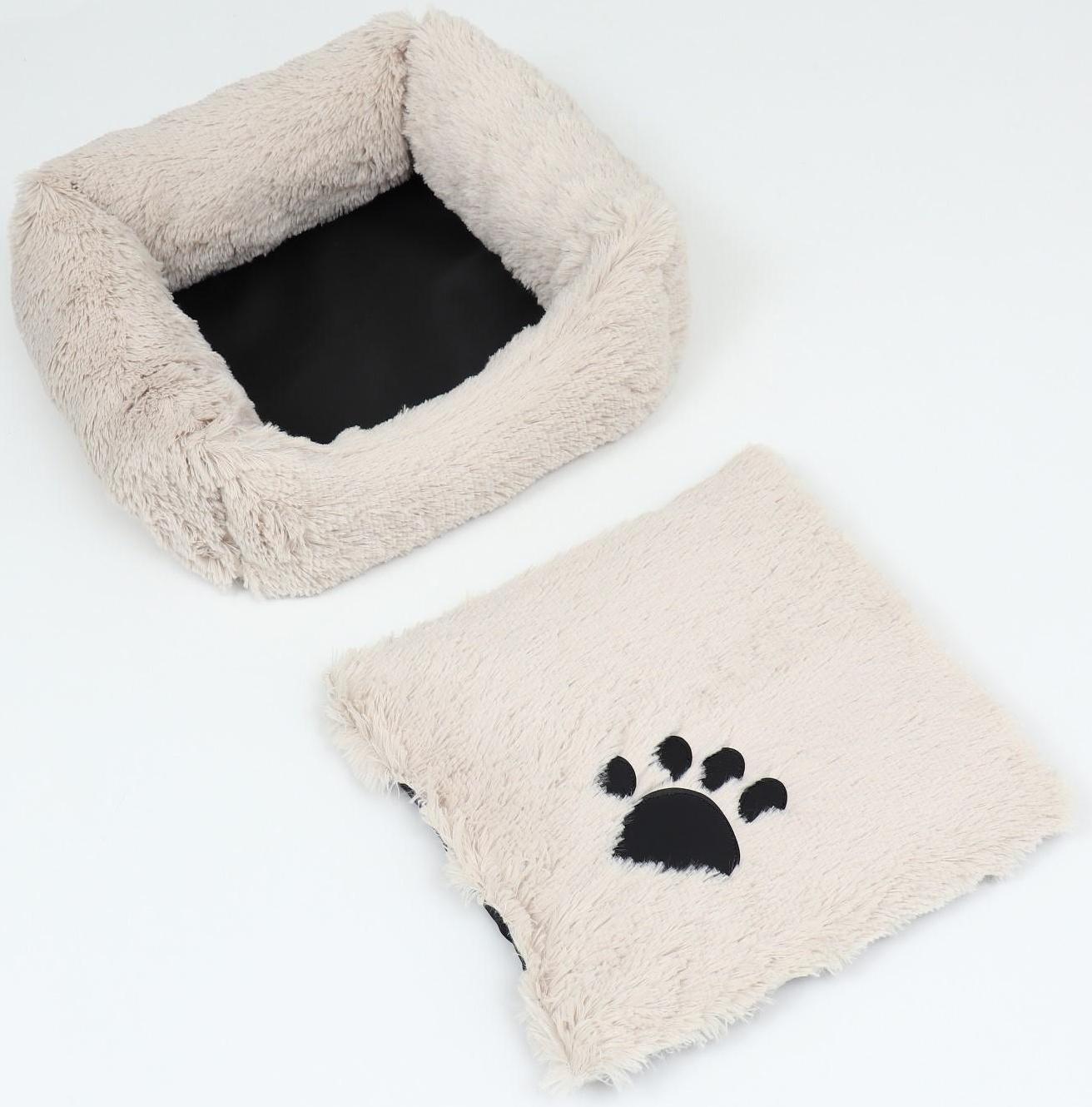 Лежак с подушкой  мех, сатин, периотек, , 45 х 45 х 15 см,бежевый