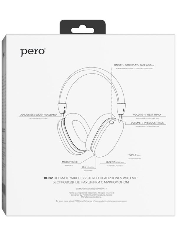 Наушники PERO BH02, беспроводные, полноразмерные, микрофон, 300 мАч, до 8 часов, черные