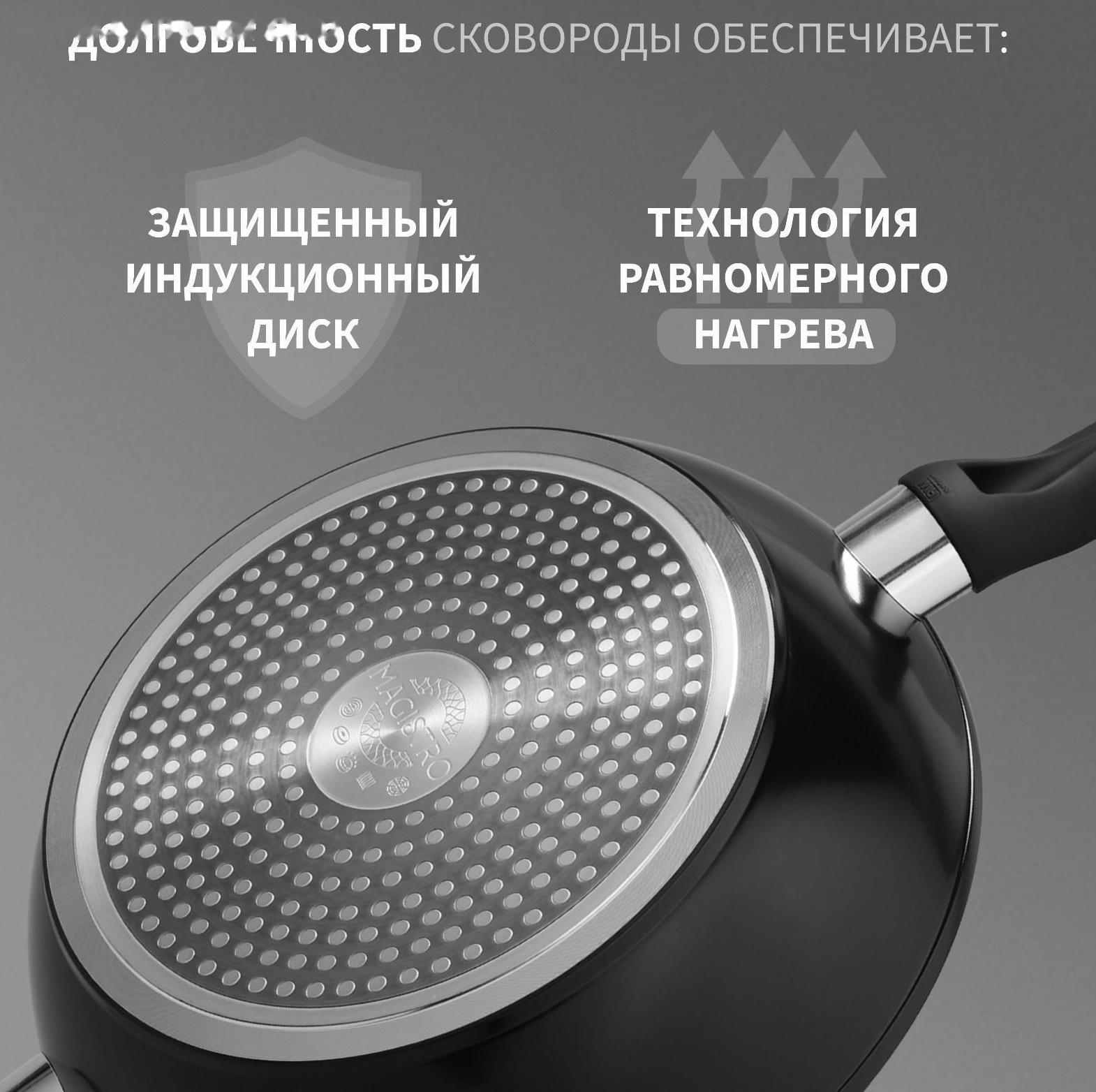 Сковорода Magistro Warrior, d=28 см, h=7,5 см, со стеклянной крышкой, ручка soft-touch, антипригарное покрытие, индукция