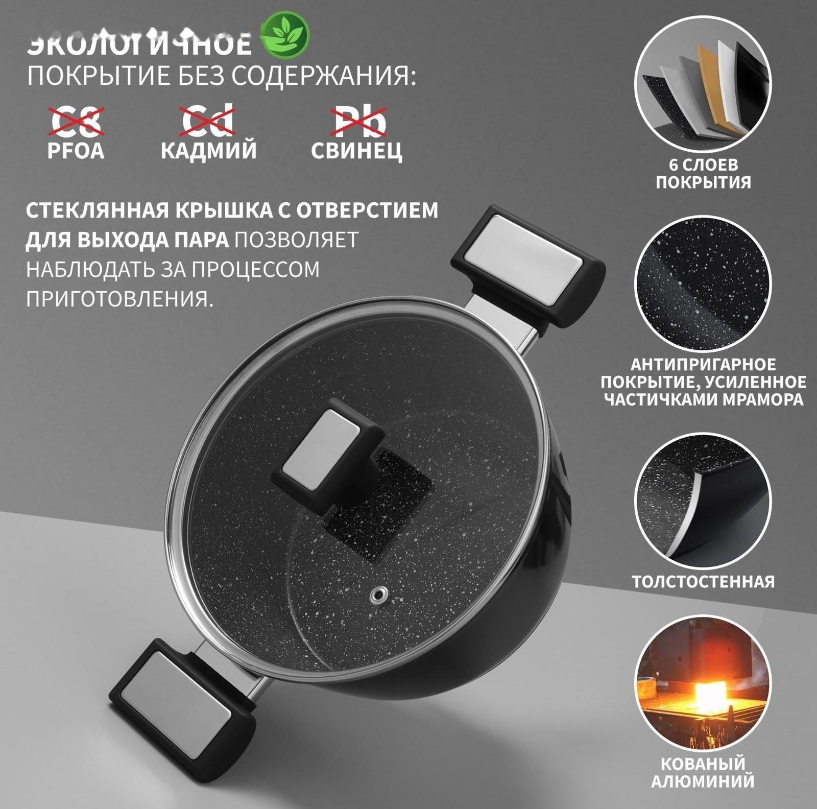 Кастрюля Magistro Warrior, 2,3 л, d=20 см, h=8,8 см, с крышкой, антипригарное покрытие, индукция