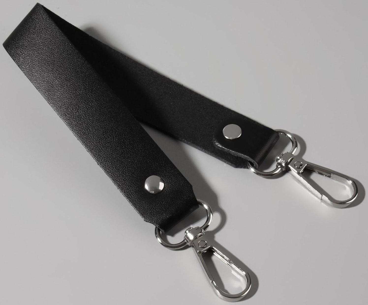 Ручка для сумки из натуральной кожи, с карабинами, 30 ± 2 см × 2,5 см, цвет чёрный/серебряный