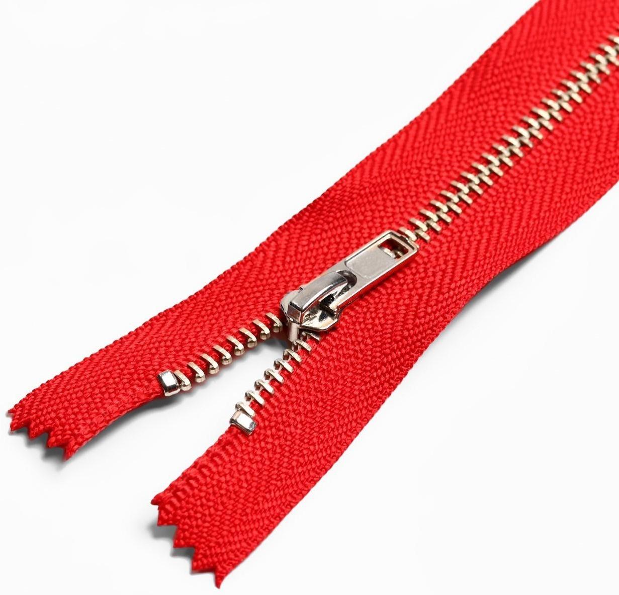 Молния металлическая, №4, неразъёмная, замок автомат, 15 см, цвет красный/серебряный