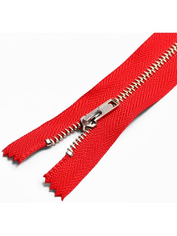 Молния металлическая, №4, неразъёмная, замок автомат, 15 см, цвет красный/серебряный