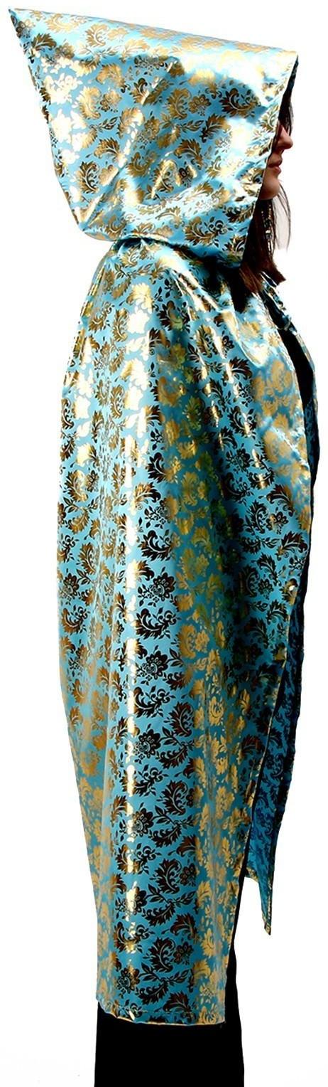 Карнавальный плащ взрослый,атлас,цвет золотой узор на голубом, длина 120см