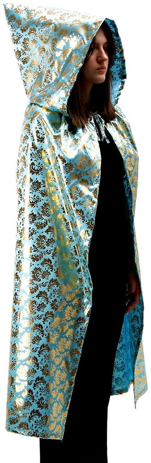 Карнавальный плащ взрослый,атлас,цвет золотой узор на голубом, длина 120см