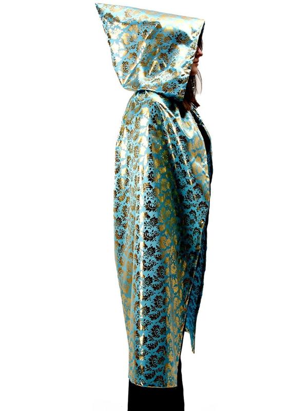 Карнавальный плащ взрослый,атлас,цвет золотой узор на голубом, длина 120см