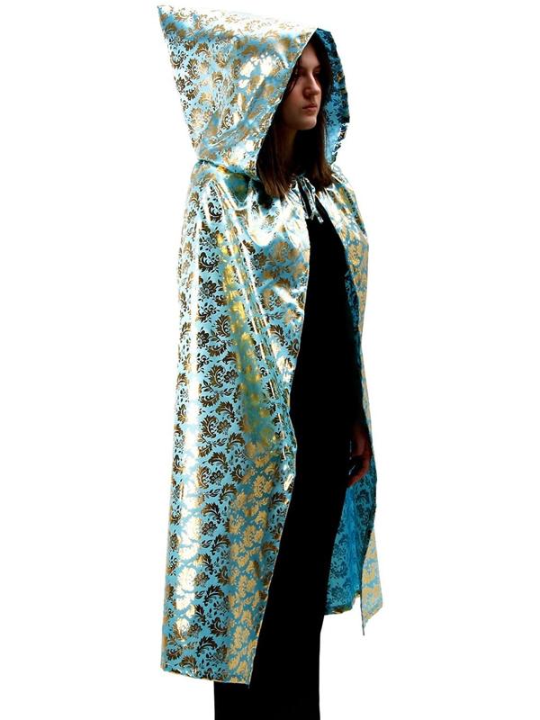 Карнавальный плащ взрослый,атлас,цвет золотой узор на голубом, длина 120см