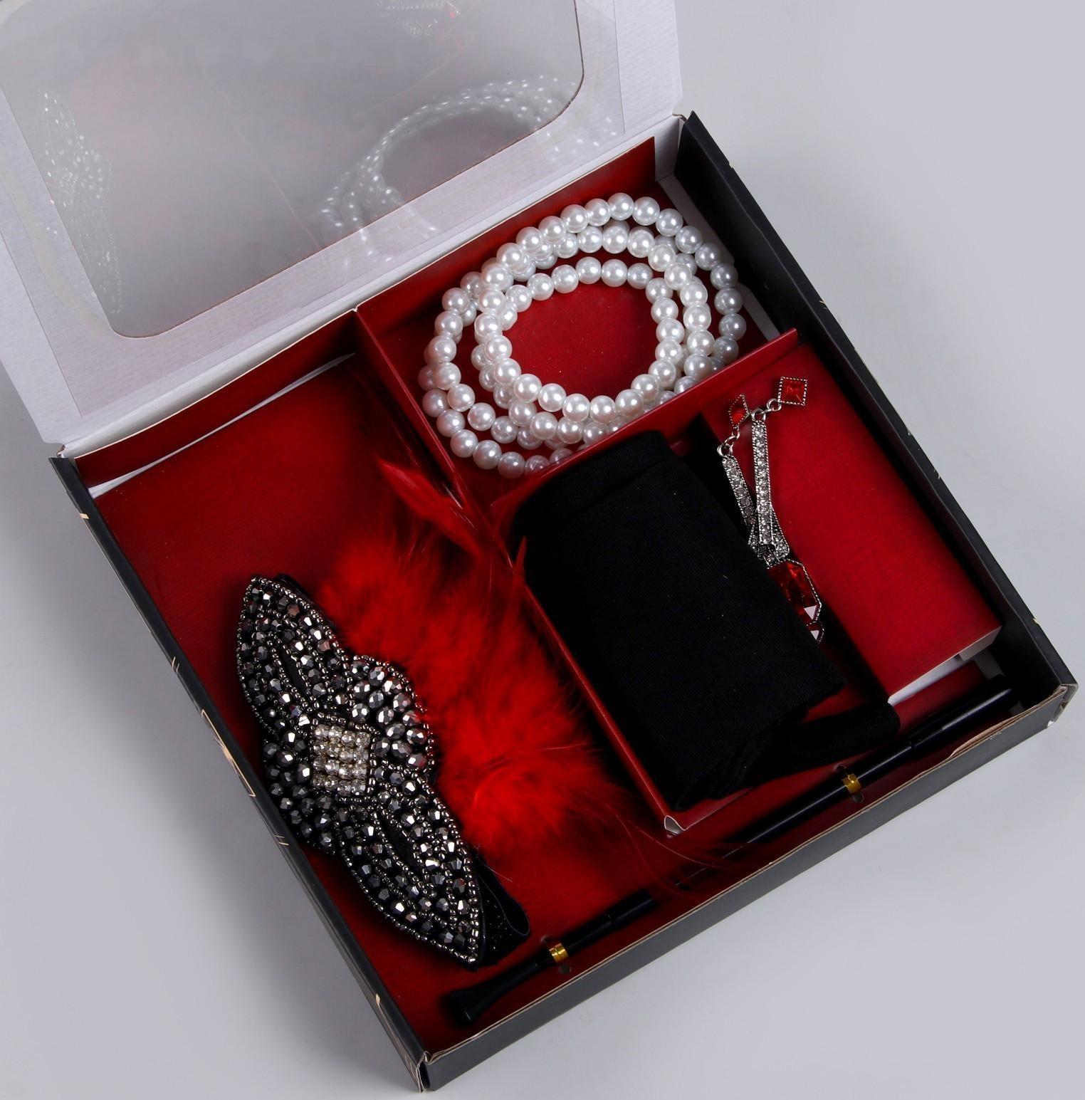 Карнавальный набор «Леди» (повязка+перчатки+серьги+бусы+мундштук)