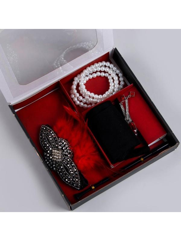 Карнавальный набор «Леди» (повязка+перчатки+серьги+бусы+мундштук)