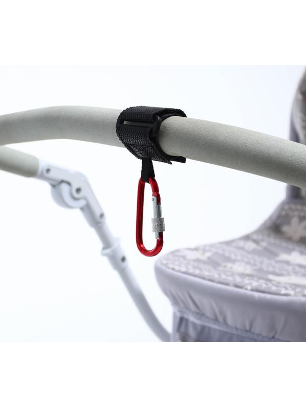 Карабин на липучке для сумки на коляску, металлический, цвет красный