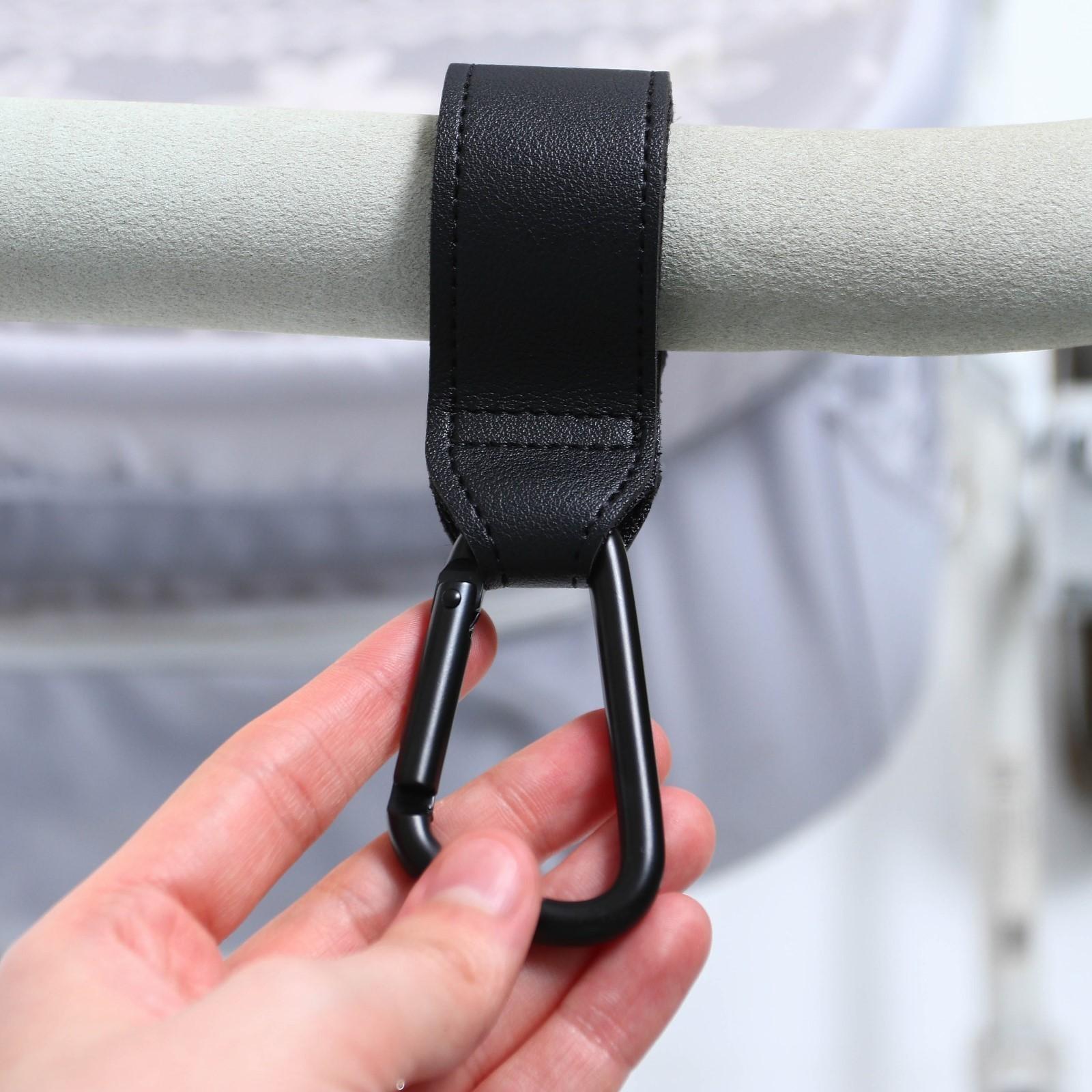 Карабин для сумки на коляску, липучка из экокожи, цвет черный