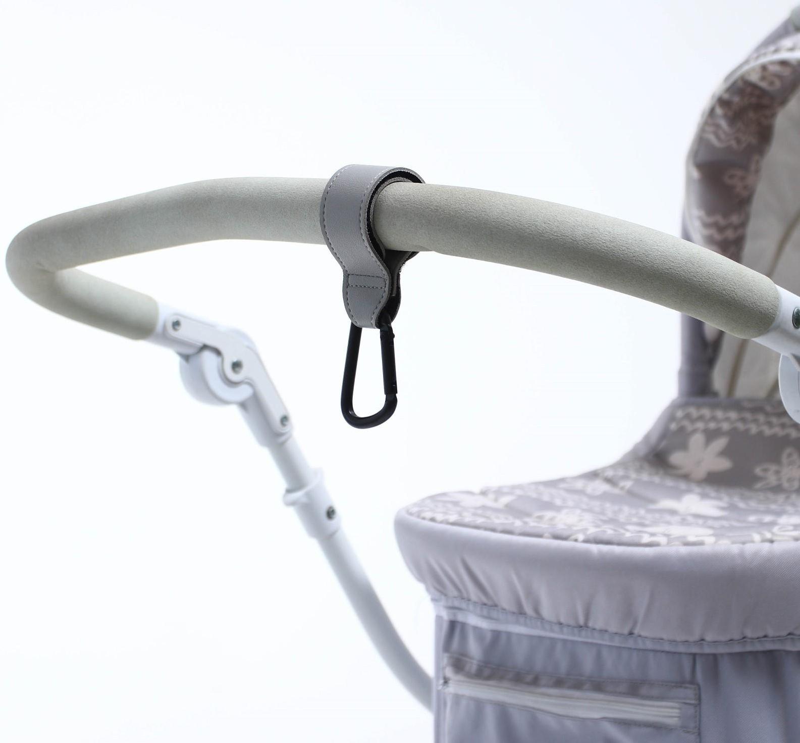 Карабин для сумки на коляску, липучка из экокожи, цвет серый