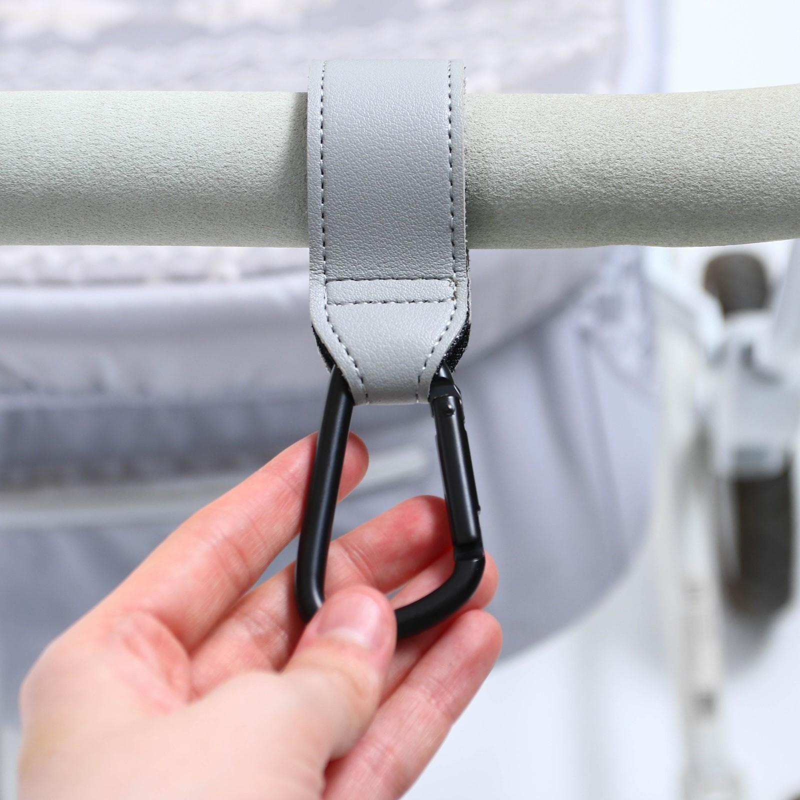 Карабин для сумки на коляску, липучка из экокожи, цвет серый