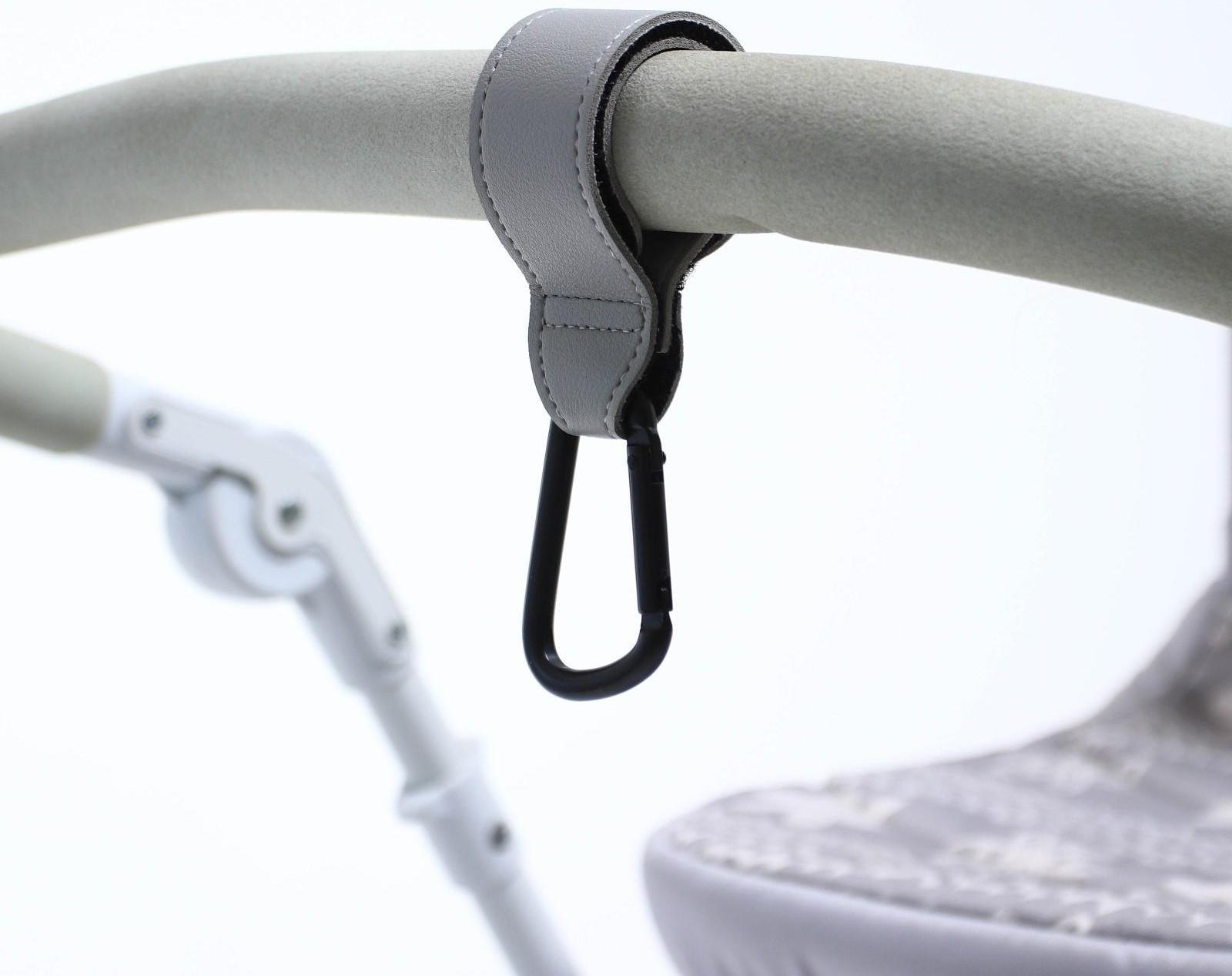 Карабин для сумки на коляску, липучка из экокожи, цвет серый
