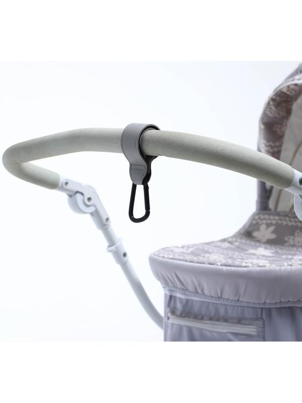 Карабин для сумки на коляску, липучка из экокожи, цвет серый