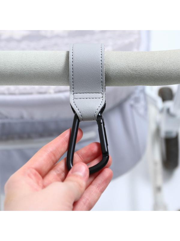 Карабин для сумки на коляску, липучка из экокожи, цвет серый