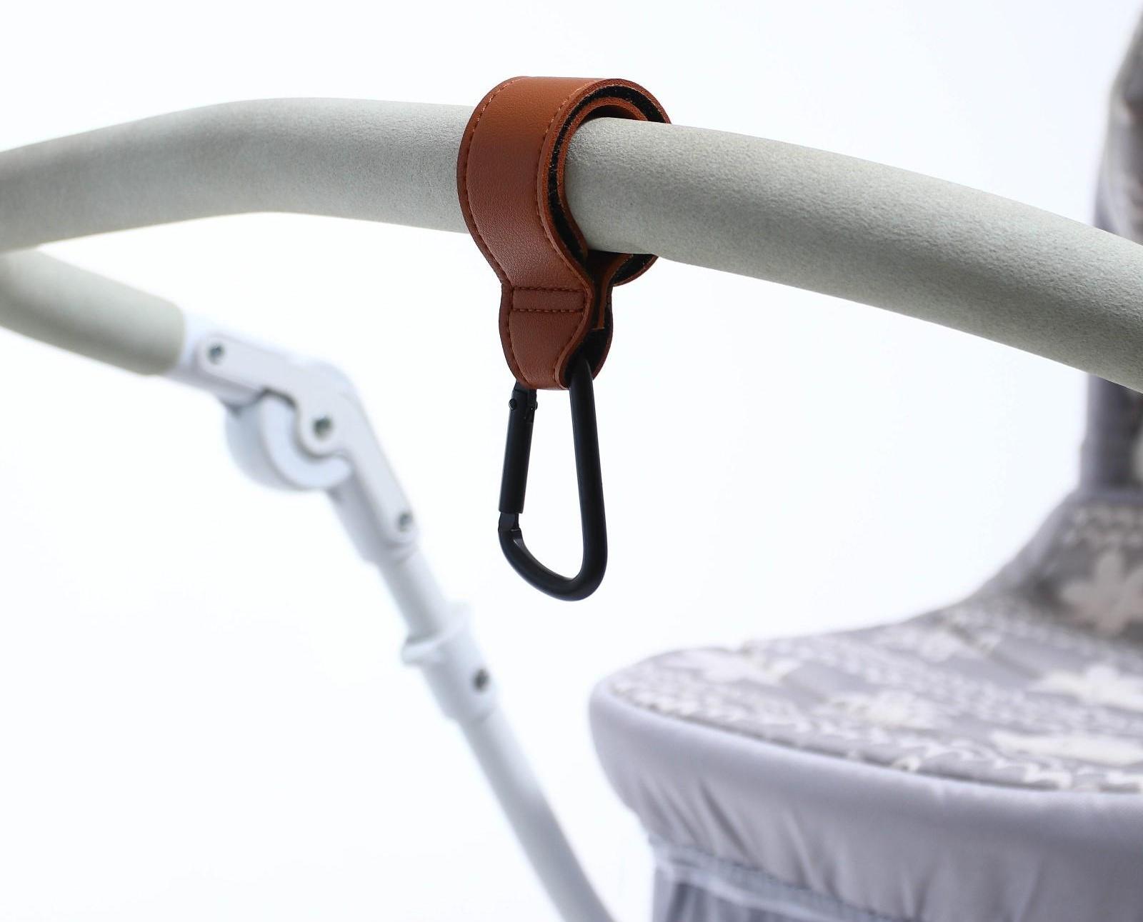 Карабин для сумки на коляску, липучка из экокожи, цвет коричневый