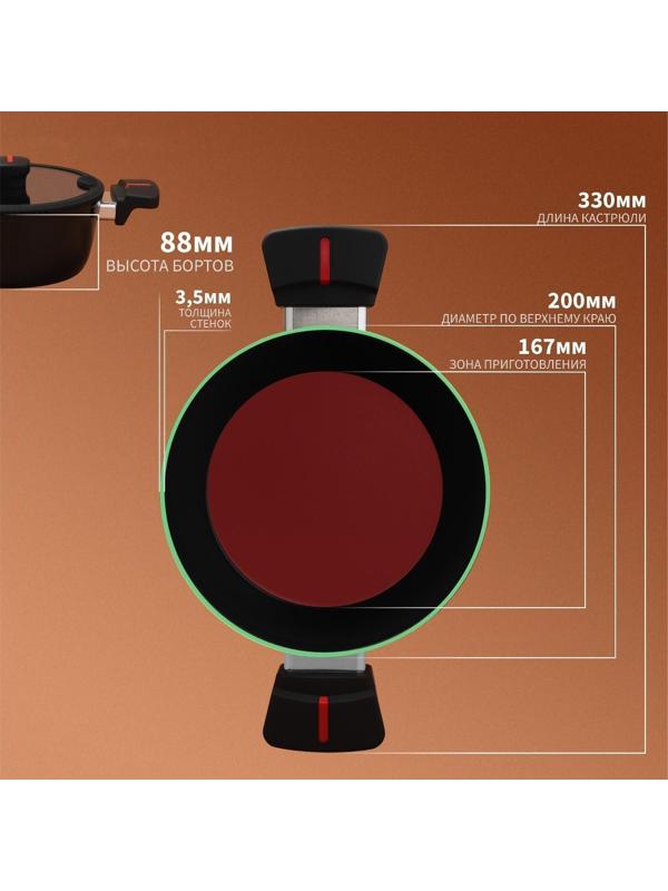 Кастрюля Magistro Flame, 2,3 л, d=20 см, h=8,8 см, крышка со сливом, антипригарное покрытие, индукция