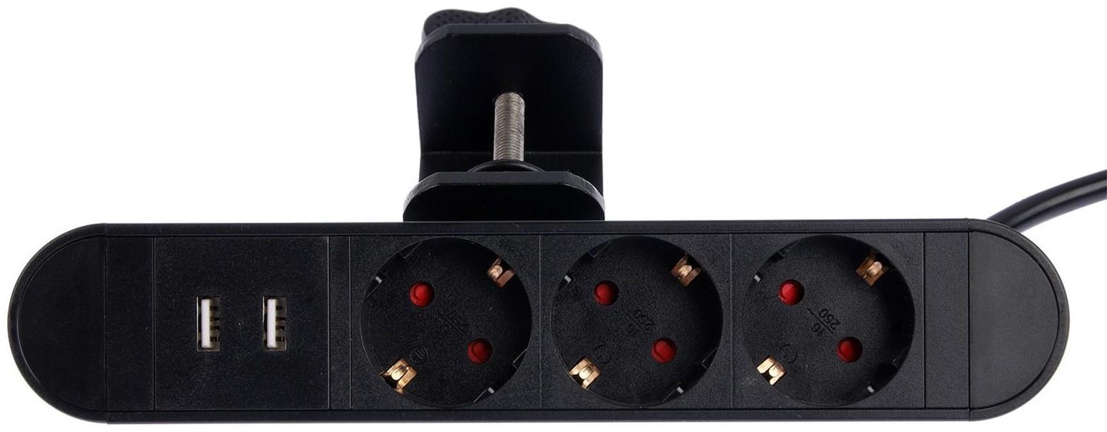 Розеточный блок на струбцине Luazon, 16А, трёхместный, 2xUSB, 2.1 A, провод 1,8 метра, черн.