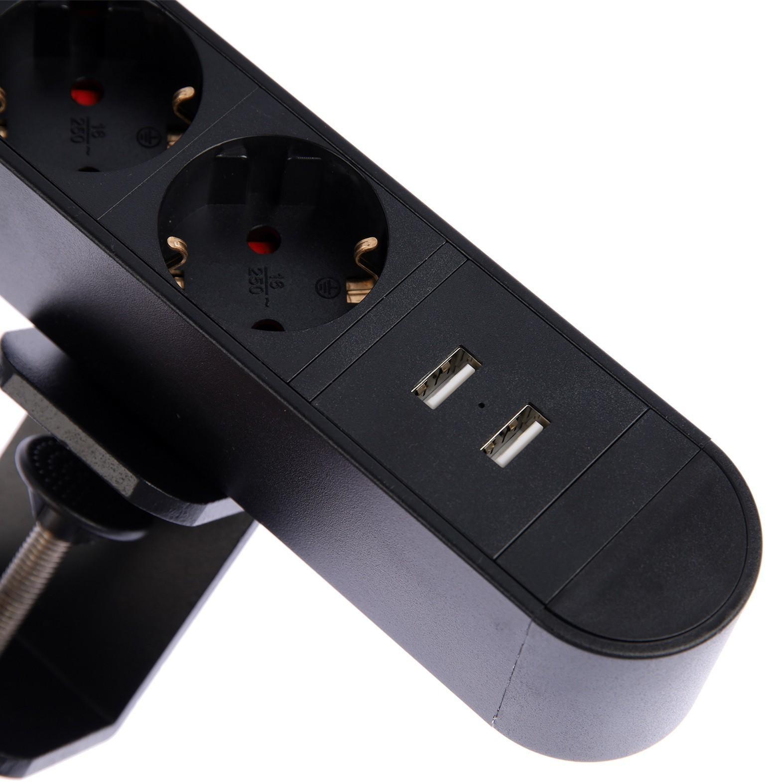 Розеточный блок на струбцине Luazon, 16А, трёхместный, 2xUSB, 2.1 A, провод 1,8 метра, черн.