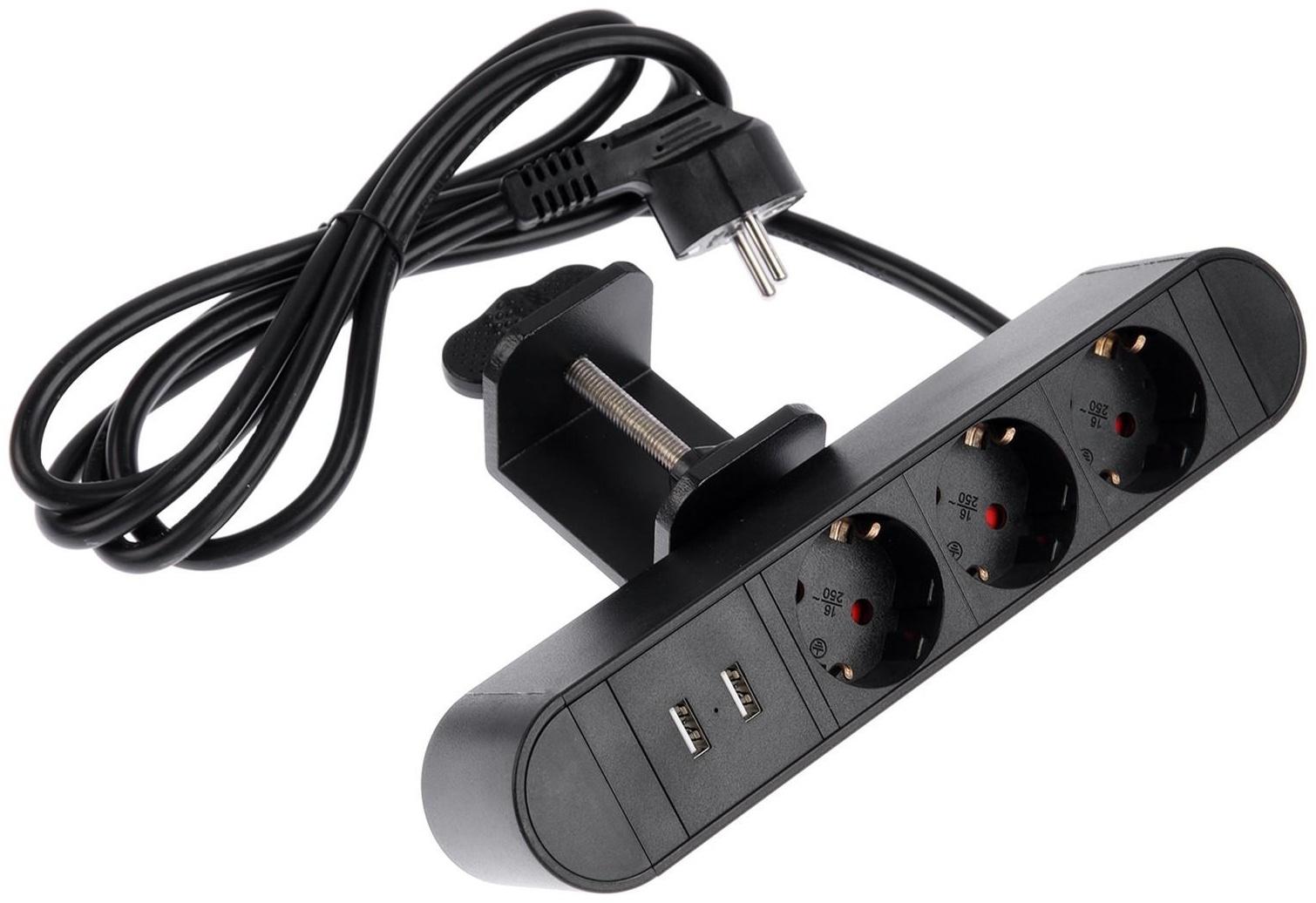 Розеточный блок на струбцине Luazon, 16А, трёхместный, 2xUSB, 2.1 A, провод 1,8 метра, черн.