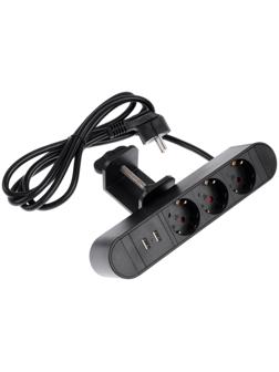 Розеточный блок на струбцине Luazon, 16А, трёхместный, 2xUSB, 2.1 A, провод 1,8 метра, черн.