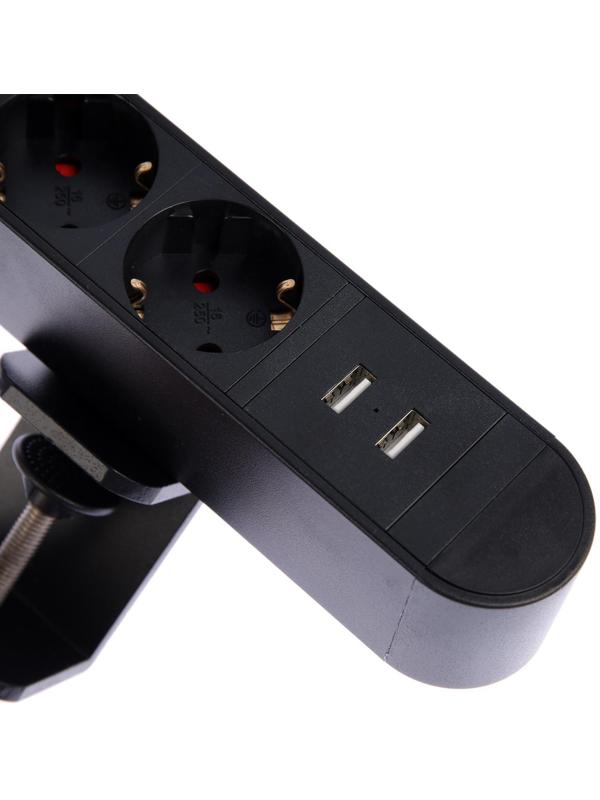 Розеточный блок на струбцине Luazon, 16А, трёхместный, 2xUSB, 2.1 A, провод 1,8 метра, черн.
