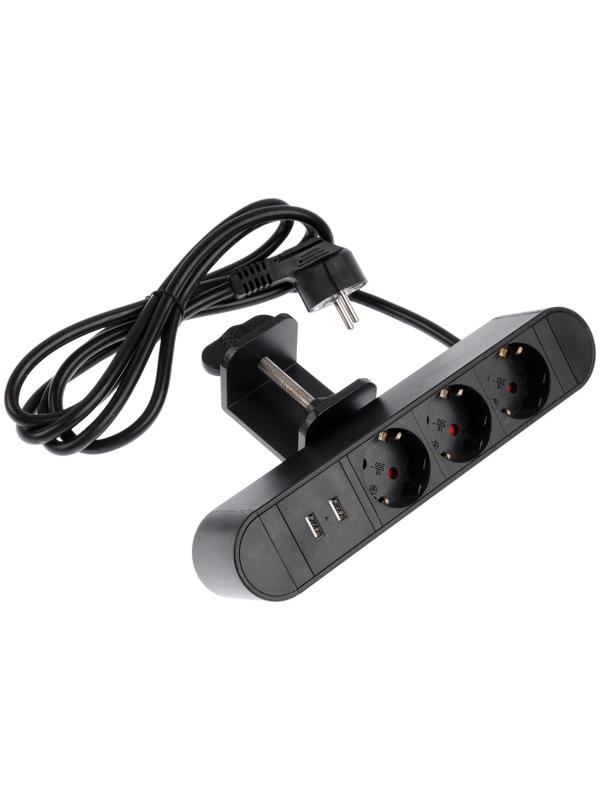 Розеточный блок на струбцине Luazon, 16А, трёхместный, 2xUSB, 2.1 A, провод 1,8 метра, черн.
