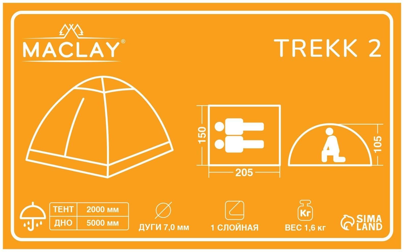 Палатка треккинговая TREKK 2, р. 205 х 150 х 105 см, 2-местная