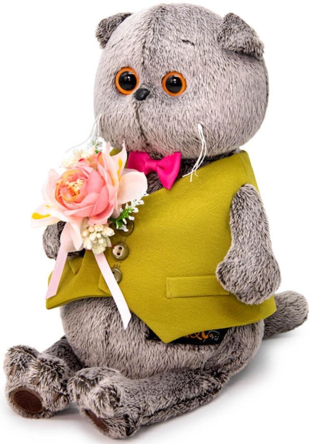 Мягкая игрушка «Басик в жилете и с букетом», 19 см